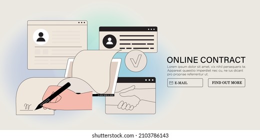 Man hand put esignature into legal document on smartphone screen. Digital signature concept. Businessman sign an electronic agreement or contract online. Vector illustration in flat cartoon style.