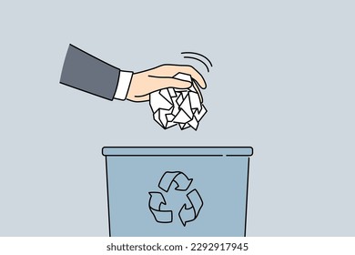 Man hand put paper in trash bin. Closeup of male throw crumpled paperwork in garbage container. Concept of recycling and waste sorting. Vector illustration. 