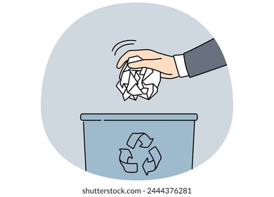 La mano del hombre puso papel en el cubo de basura. Primer plano de los papeles arrugados de los hombres arrojados en un contenedor de basura. Concepto de reciclaje y clasificación de residuos. Ilustración vectorial.