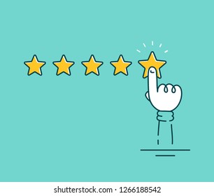 Man hand puts 5 star rating click.Vector flat line cartoon illustration character icon.Positive business feedback.Customer review, give 5 star rating,usability evaluation concept