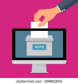 Man hand puts the ballot in computer with vote box on the background. Online voting concept. Copy space for design or text. Flat style vector illustration