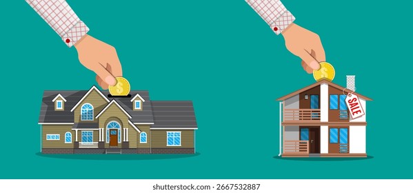 Man hand putting coin in house piggy bank and another man hand putting coin in house for sale. Real estate investment.