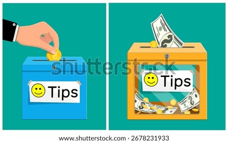 Man hand putting coin into blue tips box and full orange tips box. Concept of gratuity, donation, service appreciation, or charity fund.
