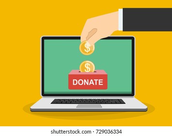 Man hand putting money in donation box a laptop screen. Concept. vector illustration in flat style.