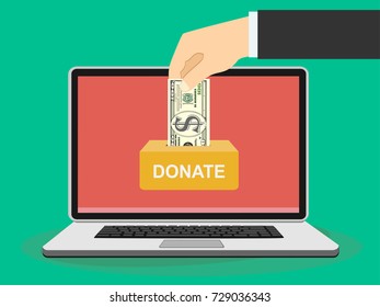 Man hand putting money in donation box a laptop screen. Concept. vector illustration in flat style.
