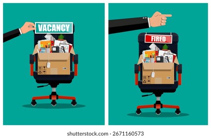 Man hand putting vacancy sign on office chair next to chair with fired sign and box of belongings. Job search concept. Recruitment theme.