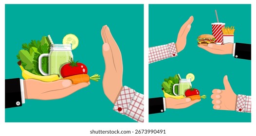 Man hand rejects unhealthy fast food hamburger and chooses healthy fruit and vegetable smoothie. Diet concept for good health.