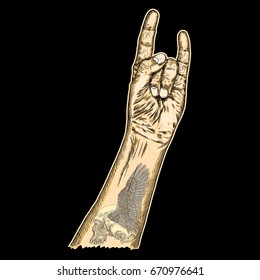 Man hand in rock n roll sign with human skull and bird angel wing flash tattoo. Rock and metal music poster. Male wrist or fist with gesture of demon, evil, Satan. Vector. 