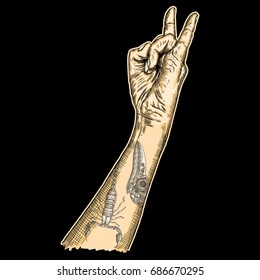 Man hand in rock n roll sign with scorpion and crow or raven, skull. Rock and metal music poster. Male wrist or fist with gesture of demon, evil, Satan. Vector. 