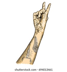 Man hand in rock n roll sign with scorpion and crow or raven, skull. Rock and metal music poster. Male wrist or fist with gesture of demon, evil, Satan. Vector. 