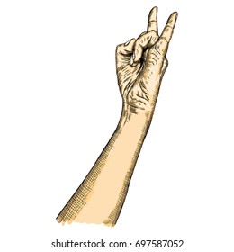 Man hand in rock n roll sign. Rock and metal music poster. Male wrist or fist with gesture of demon, evil, Satan. Vector. 