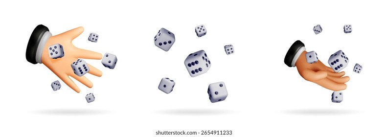 Man hand rolling dice. Set of falling white game cubes. Casino and gaming concept. Chance, risk, and luck.