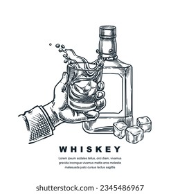 Man hand with scotch whiskey or bourbon glass. Vector hand drawn engraved sketch illustration of whiskey bottle isolated on white background. Alcohol drinks label, badge, poster, banner design element