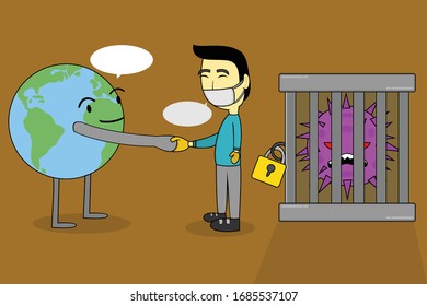 man hand shake with earth to save world of virus