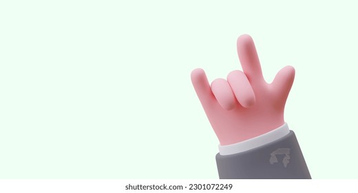 La mano del hombre muestra la señal del dedo fresco. Símbolo de rock con cuernos 3d. Gesto de cabra realista de color vector. Concepto de victoria, éxito, frescura. Ilustración en estilo de caricatura