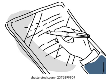 man hand signing electronically on tablet hand drawing vector illustration