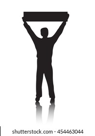 man hand up silhouette. Man holding banner, vector illustration on a white background