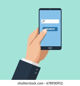 Man hand and smartphone. Concept of search in internet. Vector illustration flat design