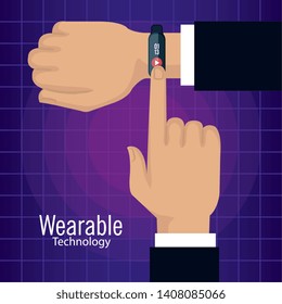 man hand with smartwatch technology and play video