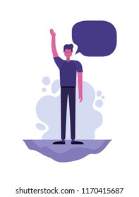 man with hand up and speech bubble