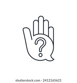 Man hand up with speech bubble with question mark .  FAQ, support, help concept. Ask a Question.Vector linear icon isolated on white background.