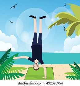 man hand standing  with one hand at the beach 
