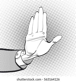 Man with hand up to stop. Stop hand. Prohibiting signal. Stop signal. Concept idea of advertisement and promo. Halftone background. Pop art retro style illustration. 