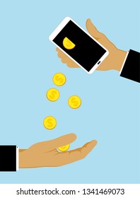 man hand take the money drop from a mobile smartphone, concept vector illustration