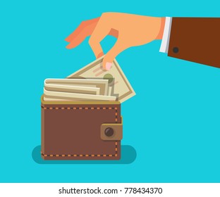 Man hand taking out money bill from a wallet. Vector