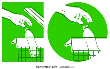 man hand throws empty plastic bottle into trash can for recycling. Recycling plastic waste, used raw materials. Caring for environment. Green modern technologies. Vector
