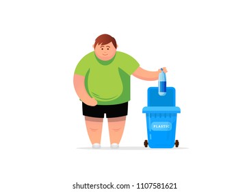 Man hand throws garbage into a plastic bottle container, vector illustration. Trash container, dumpster infographic. 