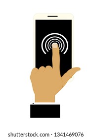 man hand touches the mobile phone with his finger, vector illustration