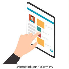 Man hand touching screen on modern digital tablet pc. -stock vector