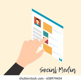Man hand touching screen on modern digital web site. Social media concept -stock vector