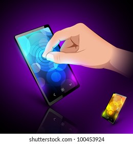 Man hand is touching sensory phone. Variant on dark background.