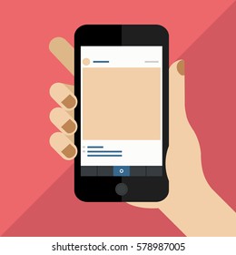 Man hand touching smart phone or telephone on the screen. Phone and new message or social media. Flat vector illustration on red background.