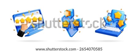Man hand touching star on monitor. Customer review and satisfaction rate. Digital feedback, online rating, and service quality assessment illustration.