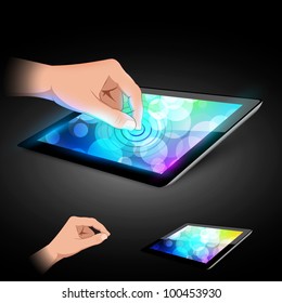 Man hand is touching tablet pc to make gesture. Variant on dark background.