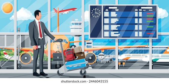 Man And Hand Truck Full Of Bags In Terminal Interior. Arrival Departure Board. Airport Luggage Trolley. Hand Cart. Handcart For Baggage Or Luggage. Transportation Equipment. Flat Vector Illustration