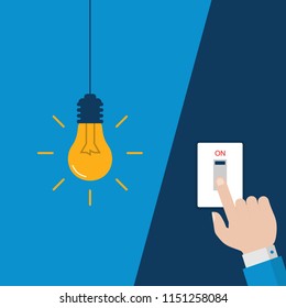 Man Hand Turning On  Flat Light Bulb with Light Switches on Blue Background. Vector Illustration