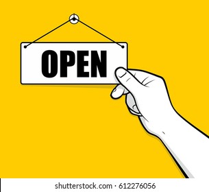 Man Hand Turning Open Door Sign