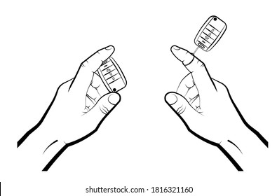 man hand twists a folding car key with remote control on his finger. Car alarm, key fob. black and white vector in flat and linear style