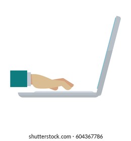 Man hand typing on notebook isolated on white. Vector illustration of arm on laptop keyboard, internet communication via computer technologies, male working on modern digital electronic device