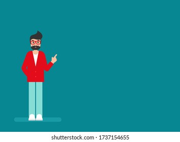 man with hand up. creative person, helper, freelancer giving advice. flat vector illustration turquoise background. Hints and tints. Message, discussion, idea banner. Home office
