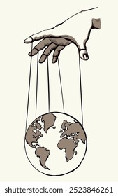 Man hand with a World map. Vector drawing concept