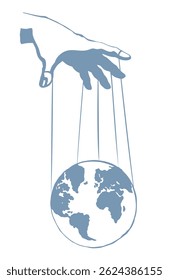 Mão de homem com um mapa do mundo. Conceito de desenho de vetor