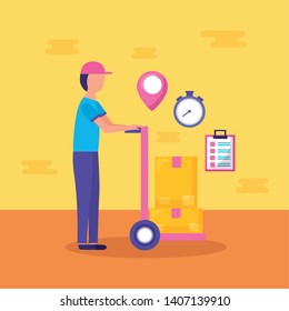 man with handcart boxes clock fast delivery vector illustration
