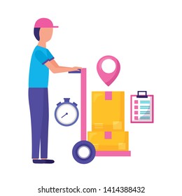 man with handcart boxes clock fast delivery vector illustration
