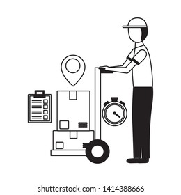 man with handcart boxes clock fast delivery vector illustration