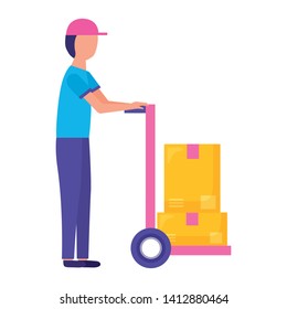 man with handcart boxes fast delivery vector illustration